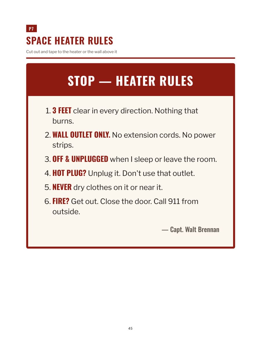 Space heater rules card